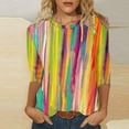 thumbnail image 2 of JSKUMAR 3/4 Sleeve Tops Striped Colorful Print Round Neck T-shirts Plus Size Basic Tees Casual Loose Pullovers Shirts Orange,XXXXL, 2 of 5