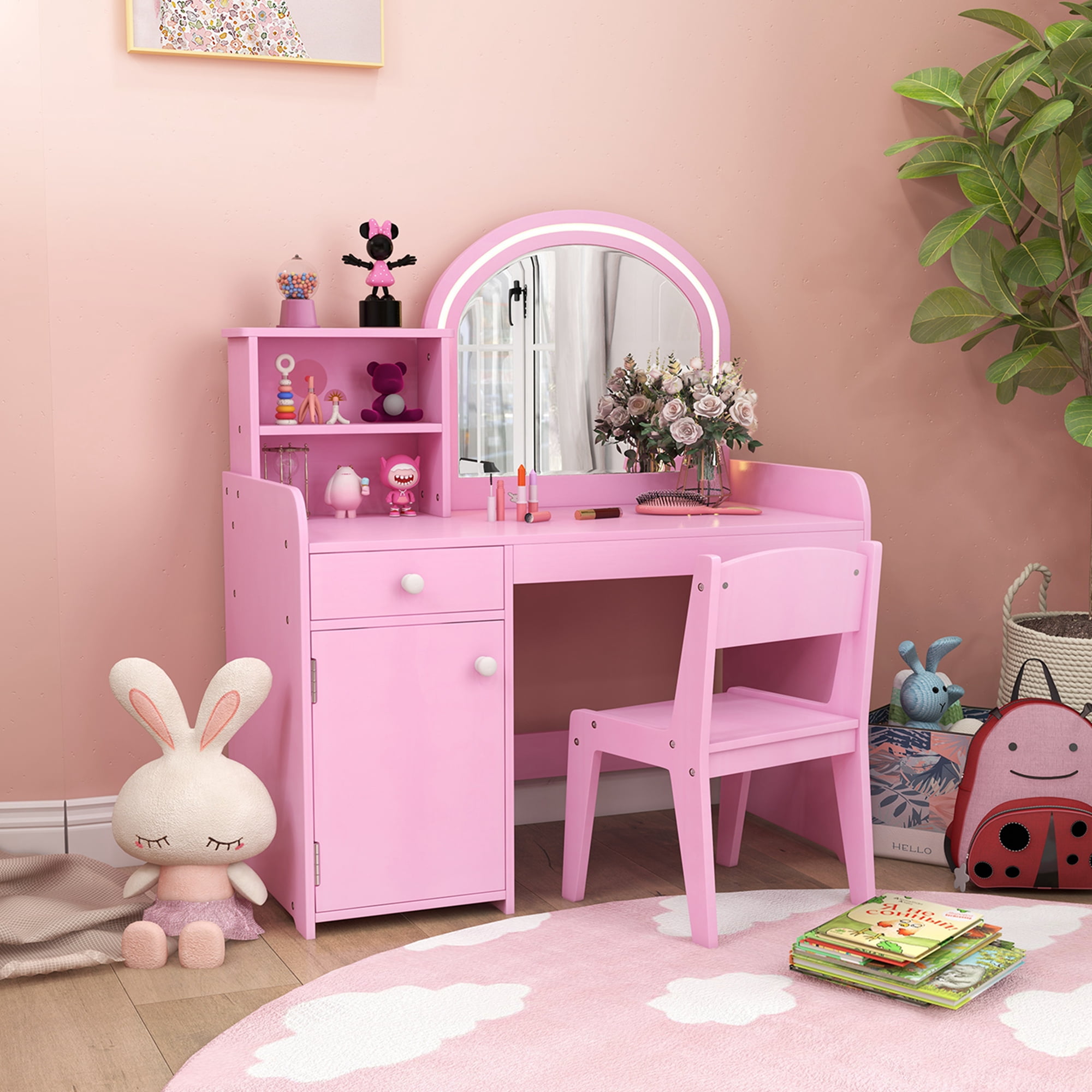 Costway Kid Vanity Table Chair Set 2 Color LED Lights Large Drawer Shelf Cabinet White Pink