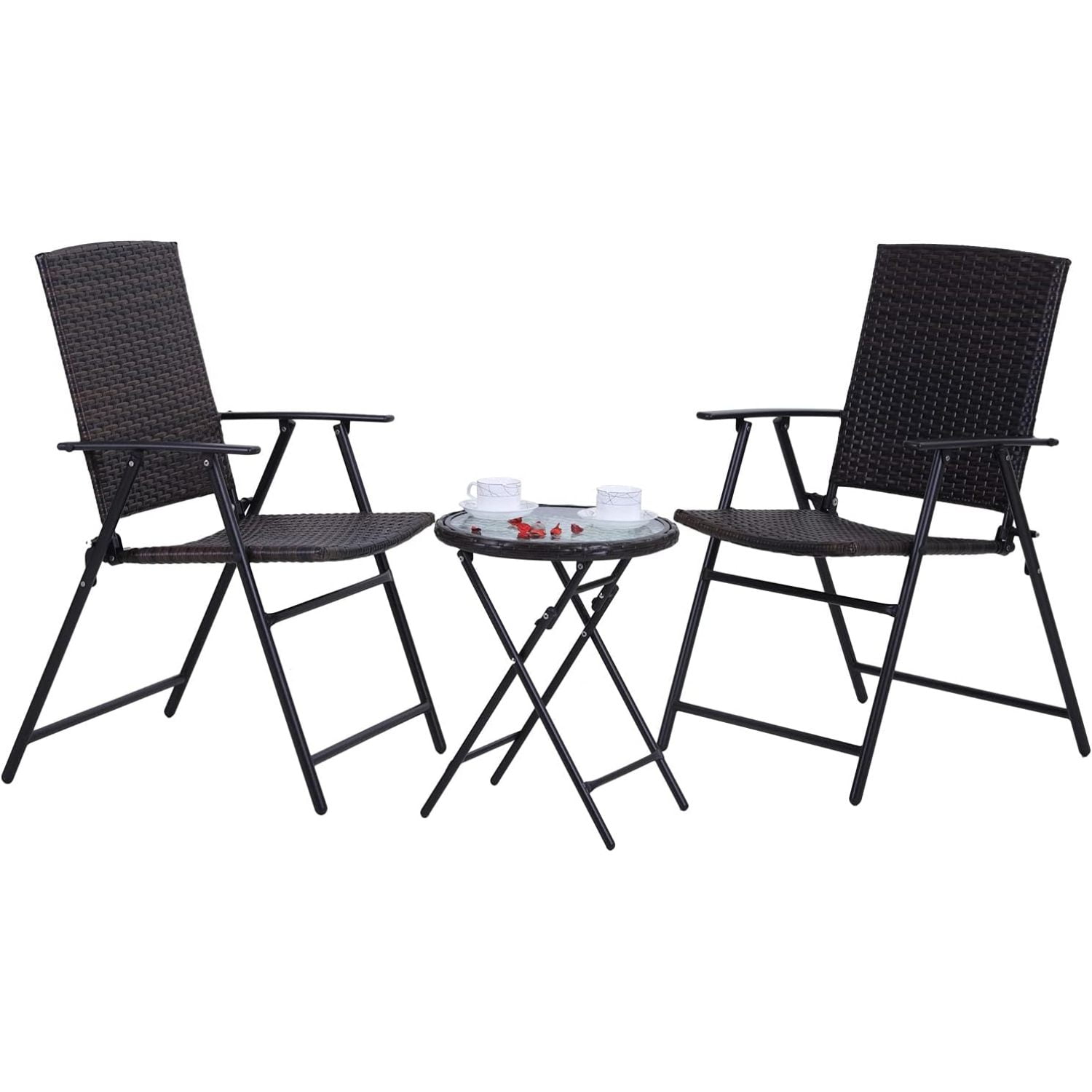 HElectQRIN Folding Rattan Patio Bistro Set, 3 Piece Outdoor Wicker