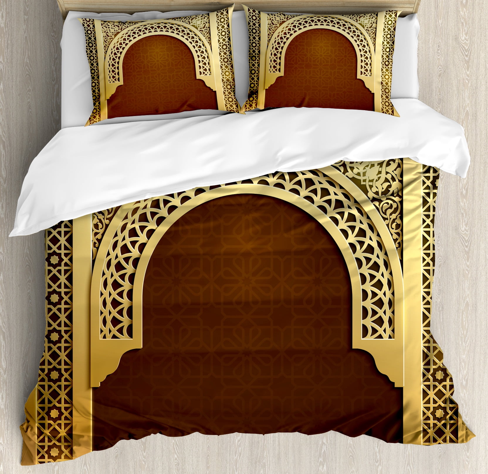 Moroccan Queen Size Duvet Cover Set, Middle Eastern Ramadan Greeting Scroll Arch... by Kozmos