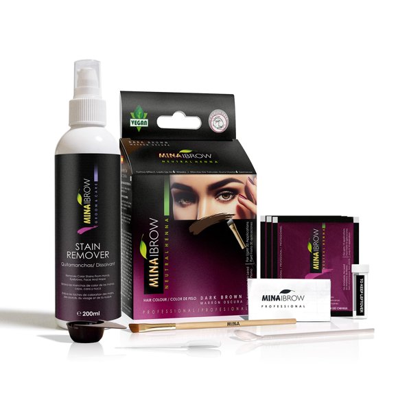 Kit de tinte MinaiBrow para cejas oscuras | Polvo para teñir cejas con colorante natural con quitamanchas que elimina suavemente el color de la piel - Tinte a prueba de manchas