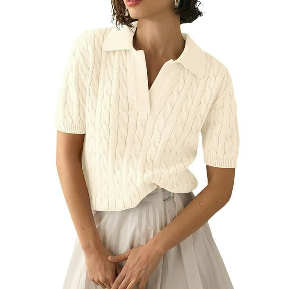 Women's Cable Knit Sweater Short Sleeve V Neck Soft Casual Pullover Top Solid Color Grey White S