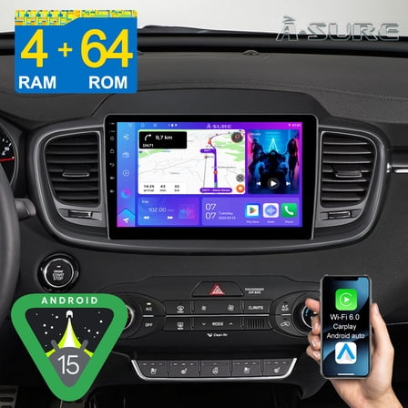 10.1" Android 15 Stereo 4 64GB Car Radio for Kia Sorento MK3 2015-2020 with Apple CarPlay/Android Auto/GPS Navi/Wi-Fi/BT 5.4/DSP/Backup Camera