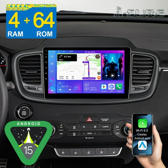 10.1" Android 15 Stereo 4 64GB Car Radio for Kia Sorento MK3 2015-2020 with Apple CarPlay/Android Auto/GPS Navi/Wi-Fi/BT 5.4/DSP/Backup Camera