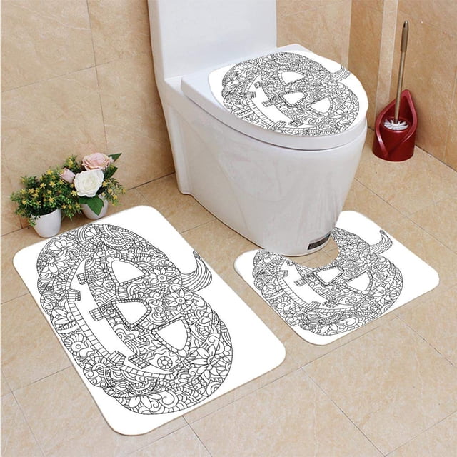 ABPHQTO Calabaza De Halloween Para Colorear Juego de alfombras de baño de 3 piezas Alfombra de baño Alfombra de contorno y tapa de inodoro