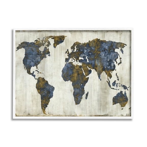 Stupell Industries Gold Blue World Map Design Graphic Art White Framed Art Print Wall Art, 16x20, by Russell Brennan