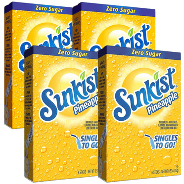 Sunkist Singles to Go Sugar-Free Drink Mix Pineapple Flavor, Low Calories Caffeine Free & Rich in Vitamin C, 4 Box 24 Sachet per Box - 24 Serving