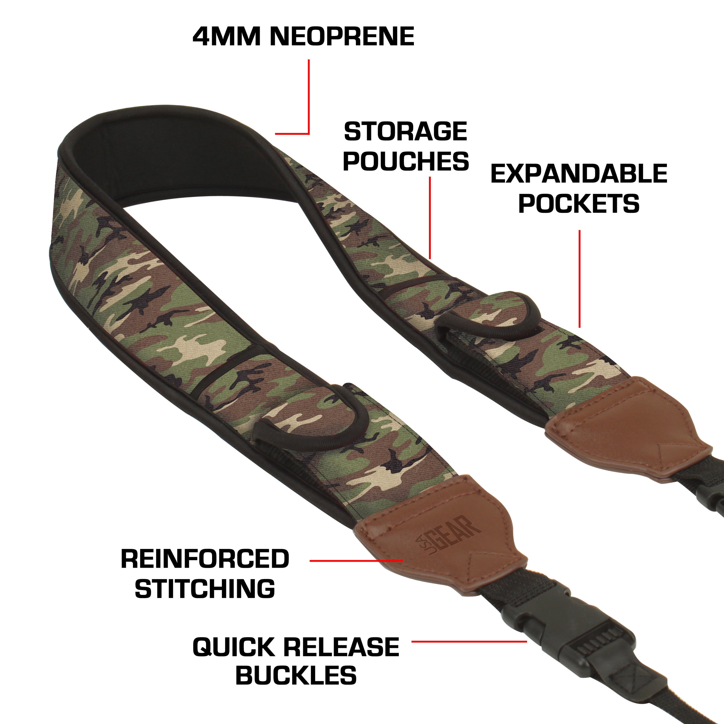 TrueSHOT Camera Strap with Camouflage Neoprene Design and Accessory Storage Pockets by USA Gear