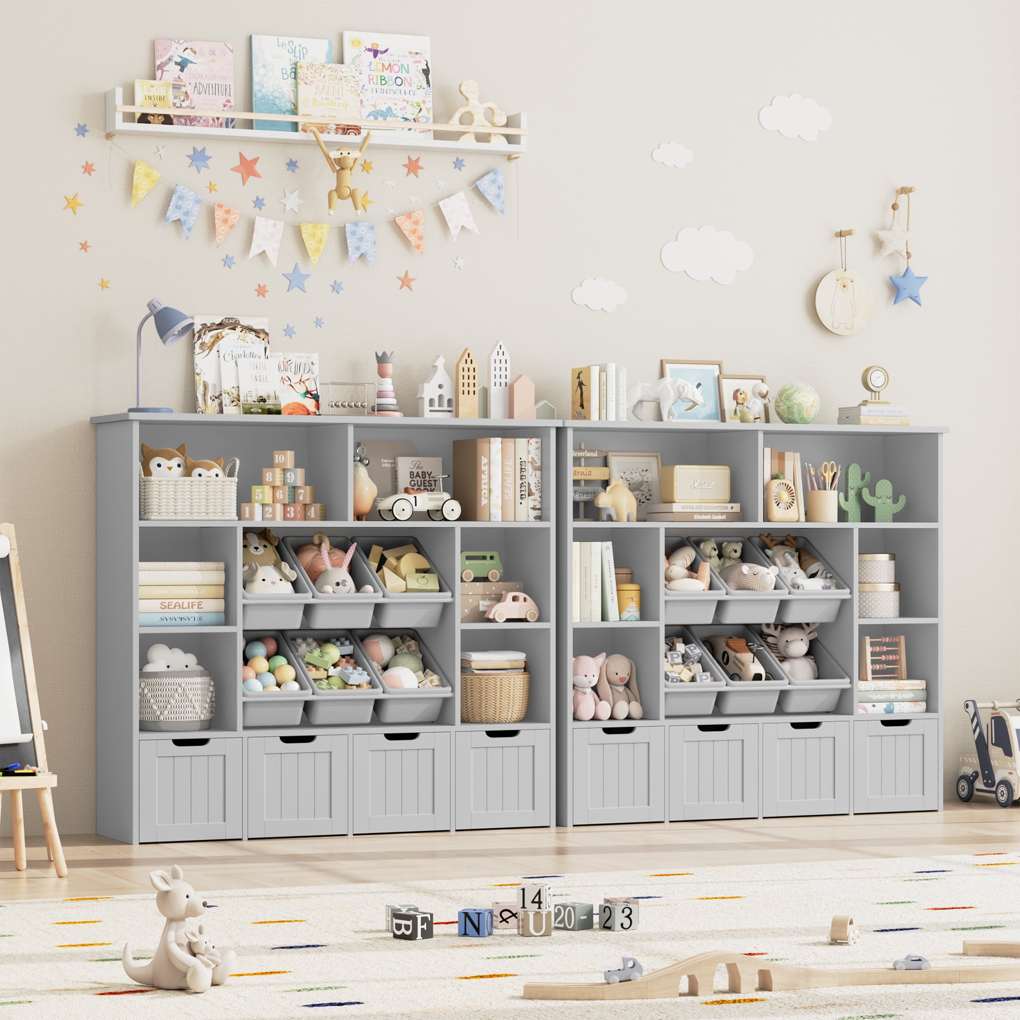 Hiphuta Large 4 Tier Kids Bookcase, Wood Toy Organizer of 6 Boxes & 4 Removable Drawers, Bookshelf for Kids Room Classroom, Grey