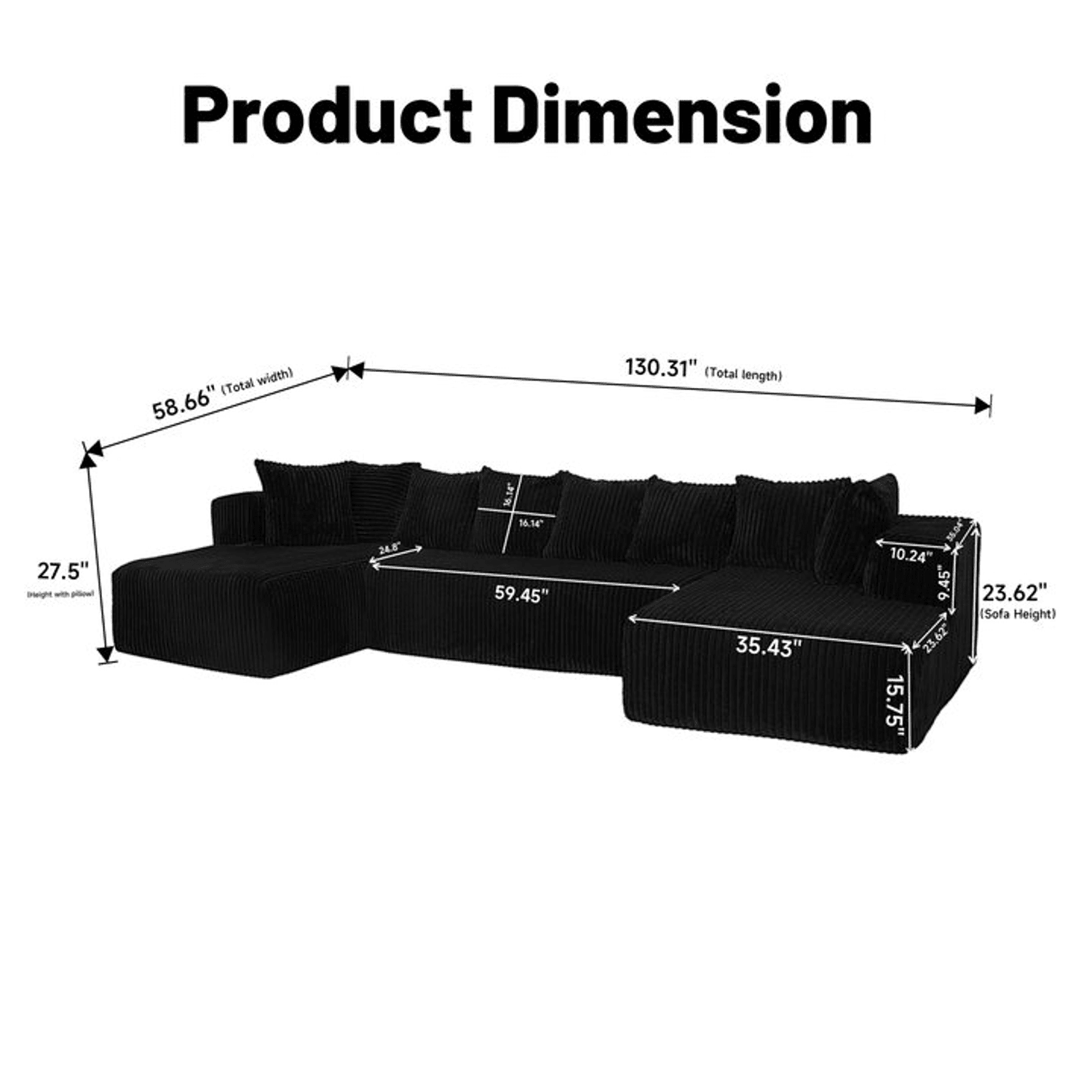 Demi Bonn 130" Modular U-Shaped Sectional Sofa, 4-Seater Chaise Lounge Couch with Reversible Corduroy Fabric for Living Room, Bedroom, Black
