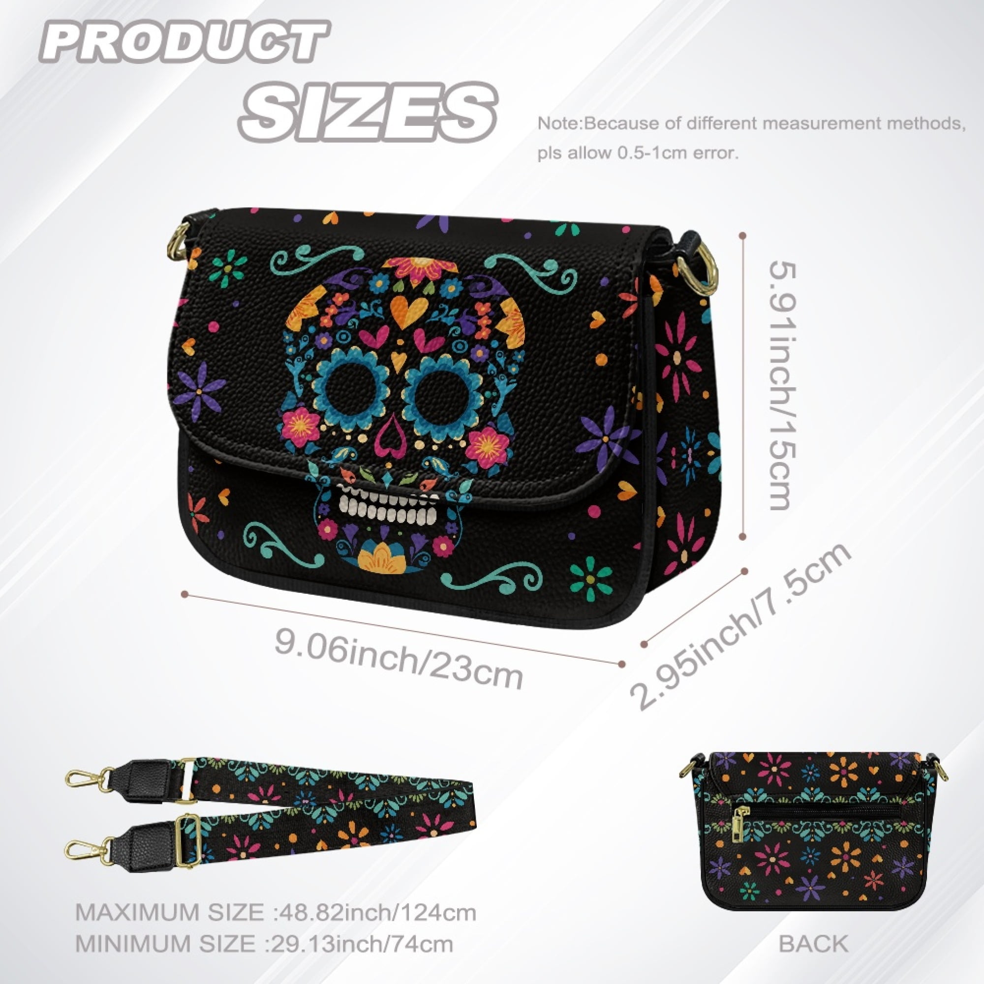 TSOVTHRID Sugar Skull Floral Print Crossbody Purses for Women Trendy, Crossbody Bags, Cell Phone Camera Leather Shoulder Handbags with Magnetic Buckle