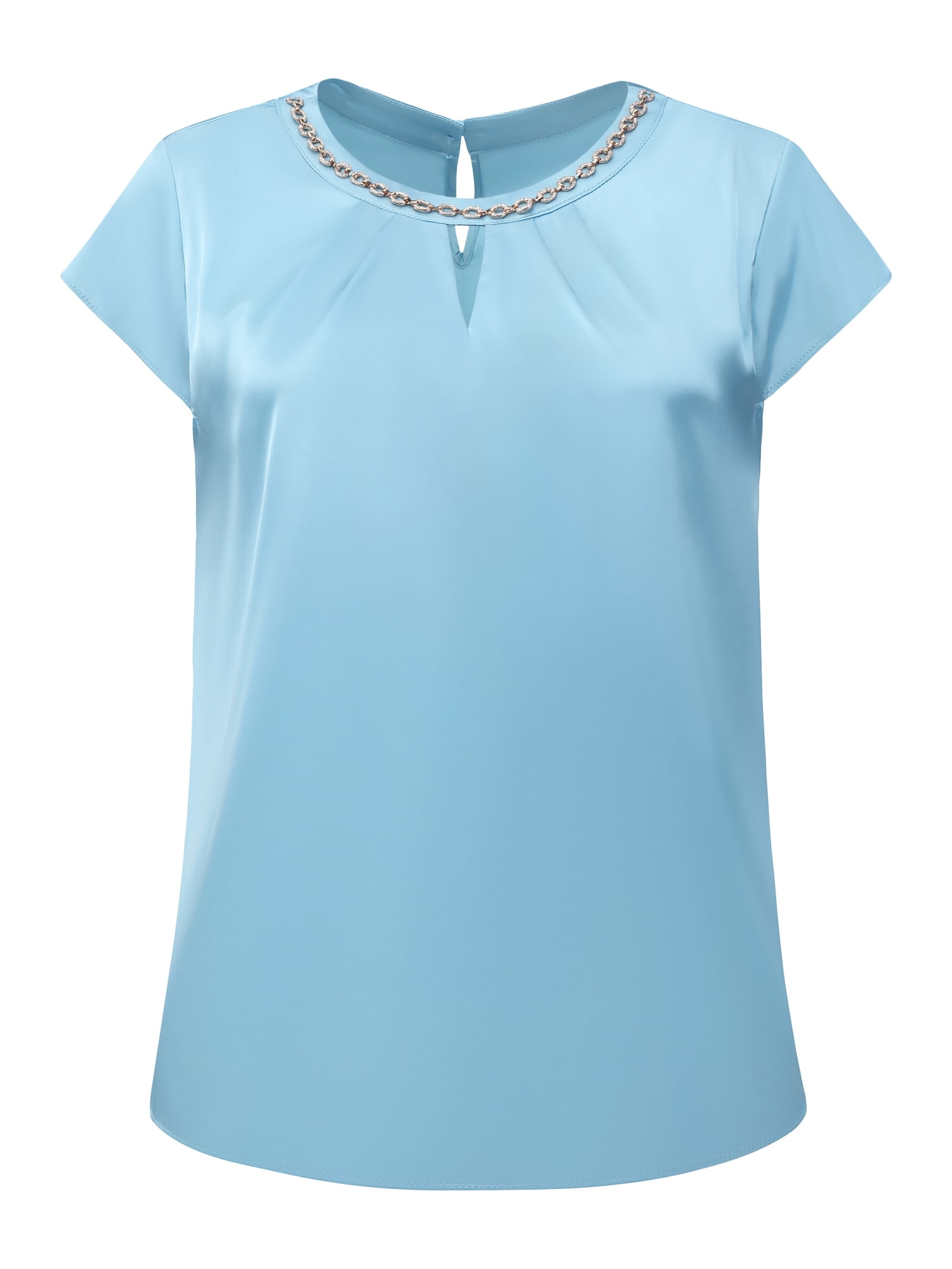DARING DIVA Women's Keyhole Blouse Cap Sleeve Sparkly Chain Neck Rhinestone 2XL Blue