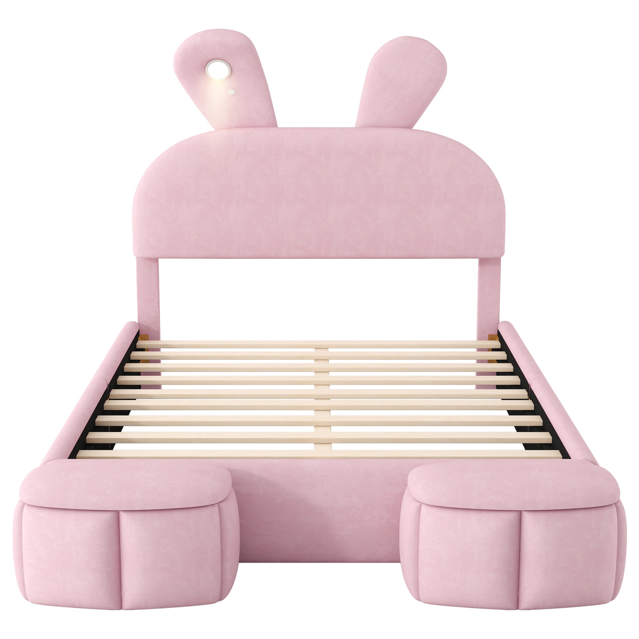 Noble House Full Size Linen Upholstered Platform Bed with Cartoon Ears Headboard and LED Light, Cute for Kids, Pink