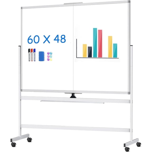 SHZOND 60 x 48 Double Sided Rolling Whiteboard, Rolling White Board,Magnetic Rolling Dry Erase Board Easel Standing Board on Wheels with Aluminium Frame for Office, Home ,Classroom