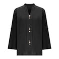 thumbnail image 3 of EDFBUYKRS Linen Button Down Shirts for Women Roll up Long Sleeve V Neck Blouse Tops with Pockets S, 3 of 5