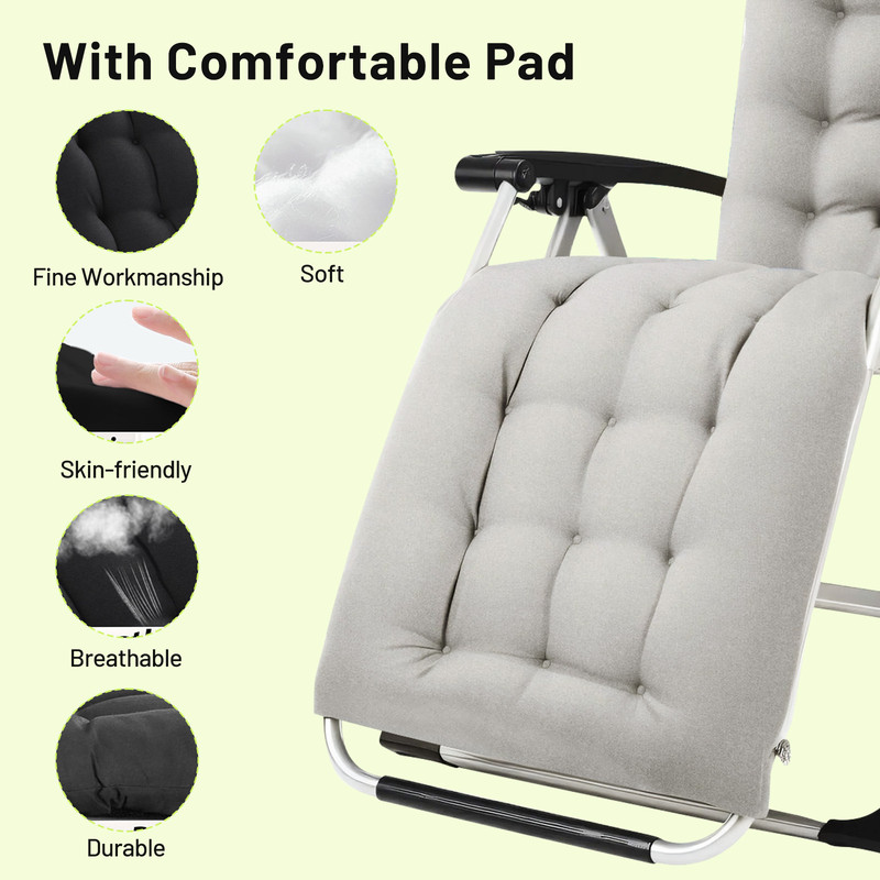 Simenmax Zero Gravity Chair, Reclining Camping Lounge Chair for Indoor, Reclining Patio Chairs with Cup Holder Trays and Removable Cushion, Folding Recliner for Outdoor,Gray