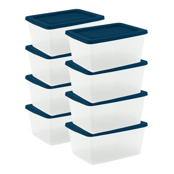 Sterilite 58 Qt Storage Boxes, Clear Plastic Containers with Snap Lids, Set of 8, Blue