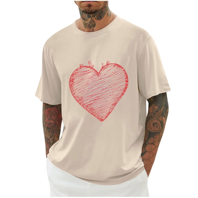 Plebaso T-Shirts d'Été pour Hommes Imprimé Cœur T-Shirts Graphiques Surdimensionnés Manches Courtes Col Rond Décontracté Ample