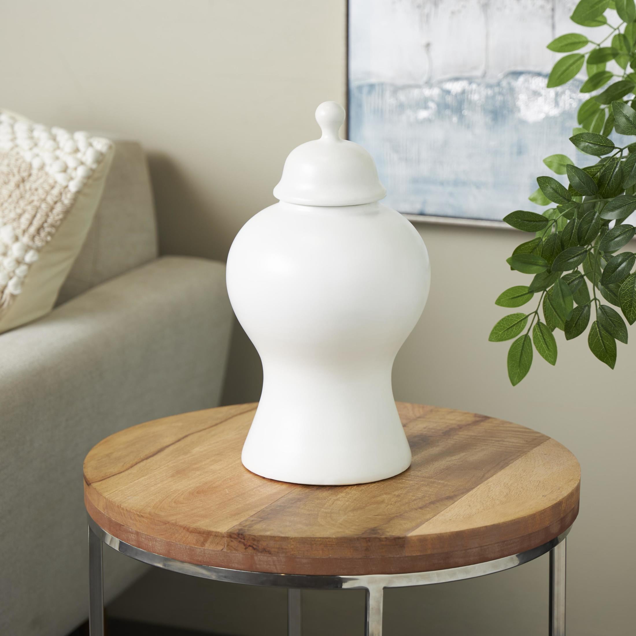 DecMode 8" x 15" White Ceramic Rounded Hourglass Decorative Jars with Lid and Ball Knob, 1-Piece