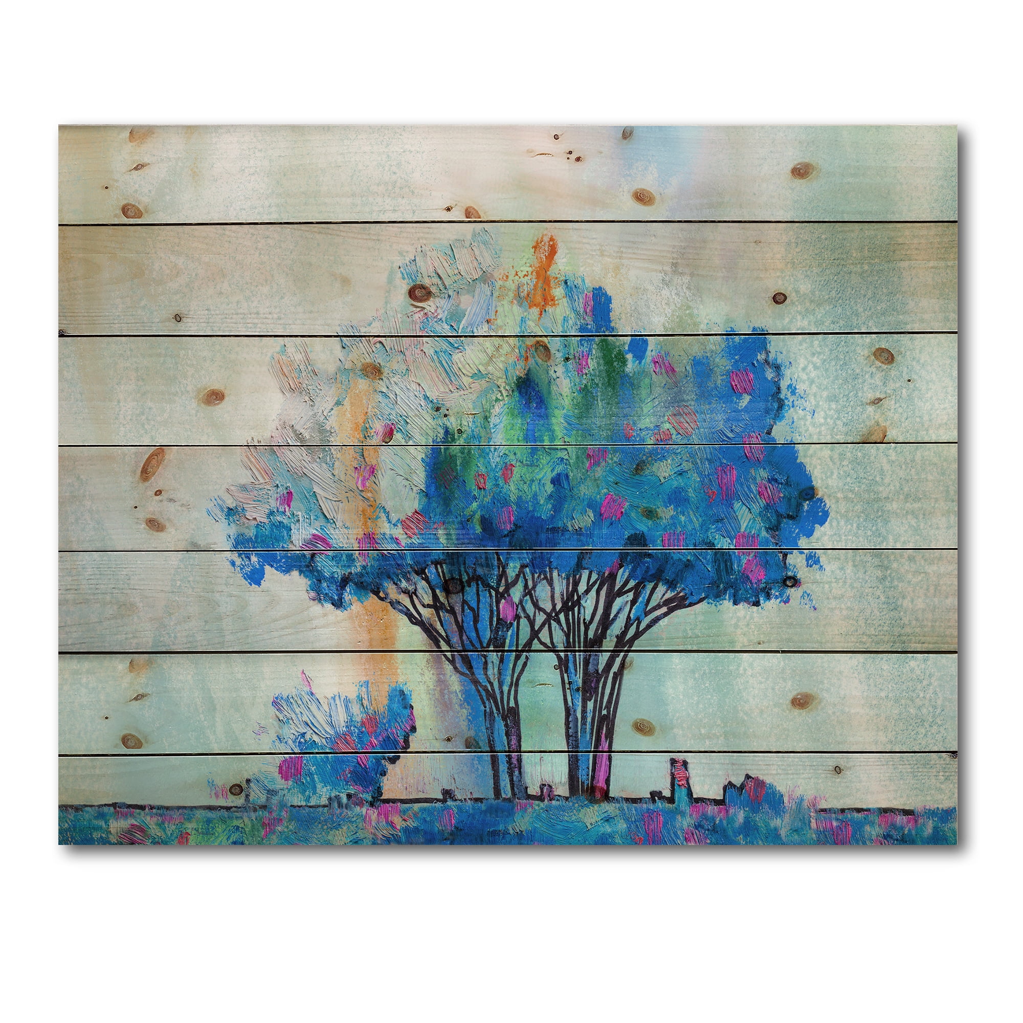 Designart 'Blue Coloured Tree Abstract Impression I' Modern Print on Natural Pine Wood