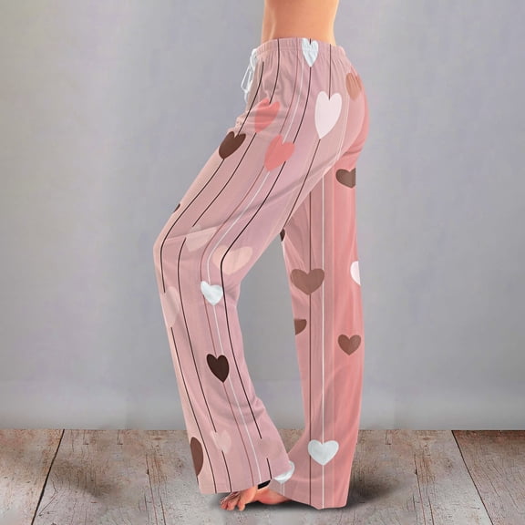 Valentines Pajamas Pant for Women Heart Print Soft Lounge Pants Drawstring Jogger Wide Leg Athletic Pants