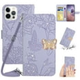 thumbnail image 1 of SaniMore Case for iPhone 14 Pro 6.1" 2022, [Crossbody/Wrist Lanyard] PU Leather Skin Embossed Butterfly [Diamond Clasp] Card Slots Kickstand Shockproof Stylish Glitter Wallet Shell, Lightpurple, 1 of 12