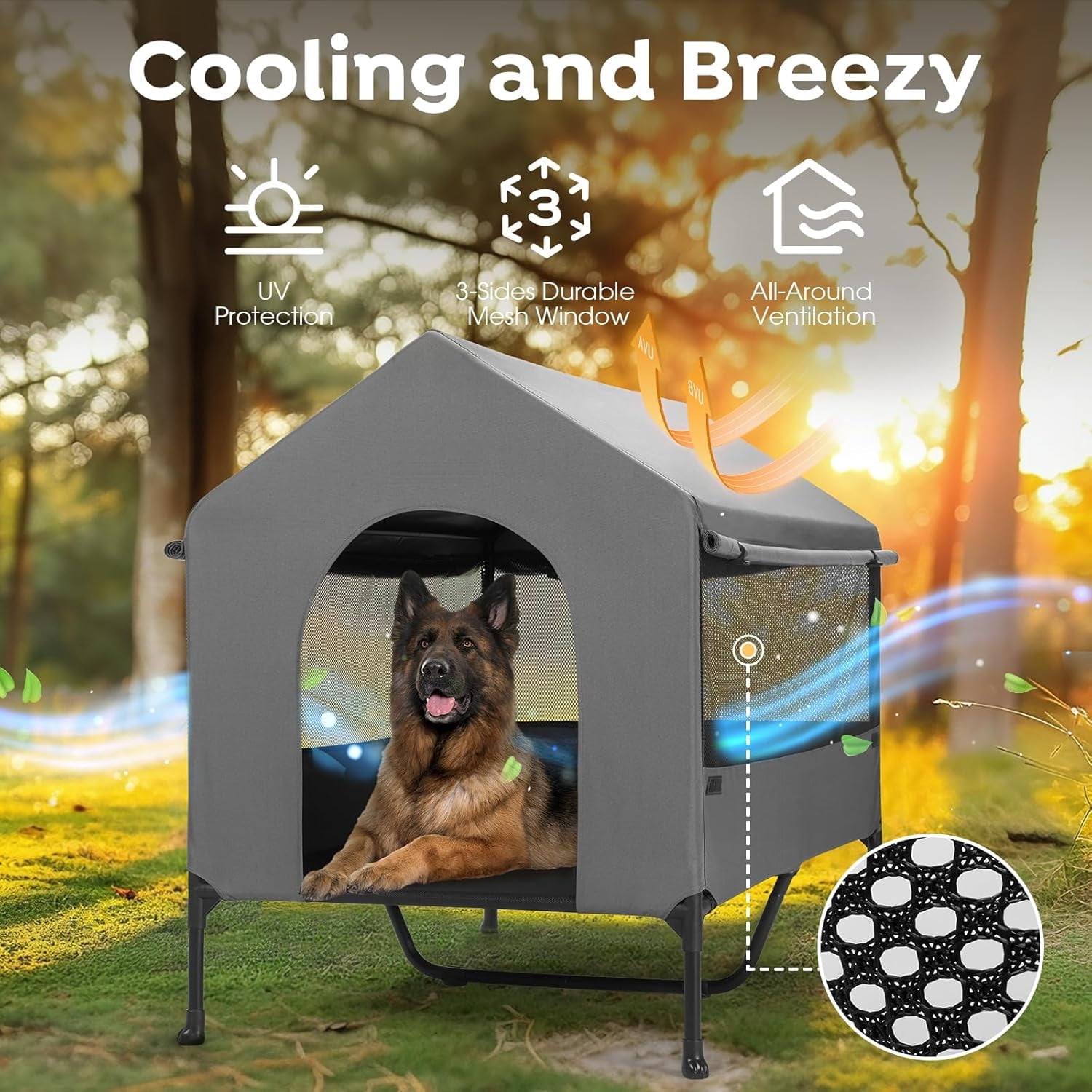 47" Dog House, 2-in-1 X-Large Dog House Outdoor Indoor Weatherproof, Outside Elevated Dog Cot Bed Dog Tent Shade, Three-Sided Breathable Mesh Windows and Sunshades