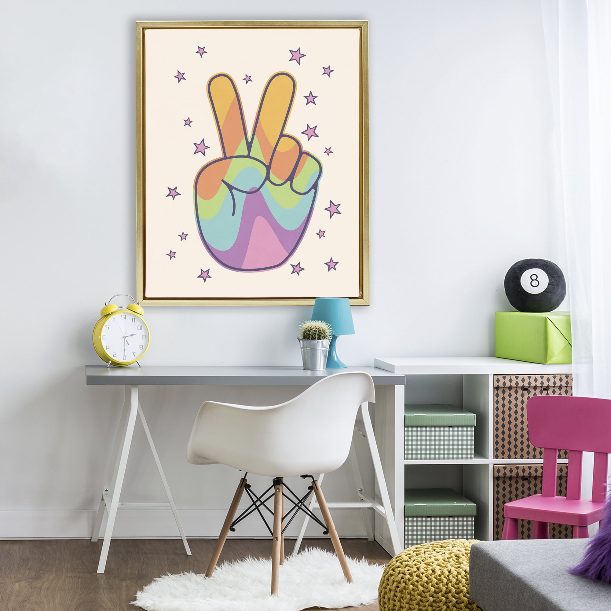 Stupell Industries Peace Sign Retro Rainbow Gold Framed Floater Canvas Wall Art, design by LSR Design Studio