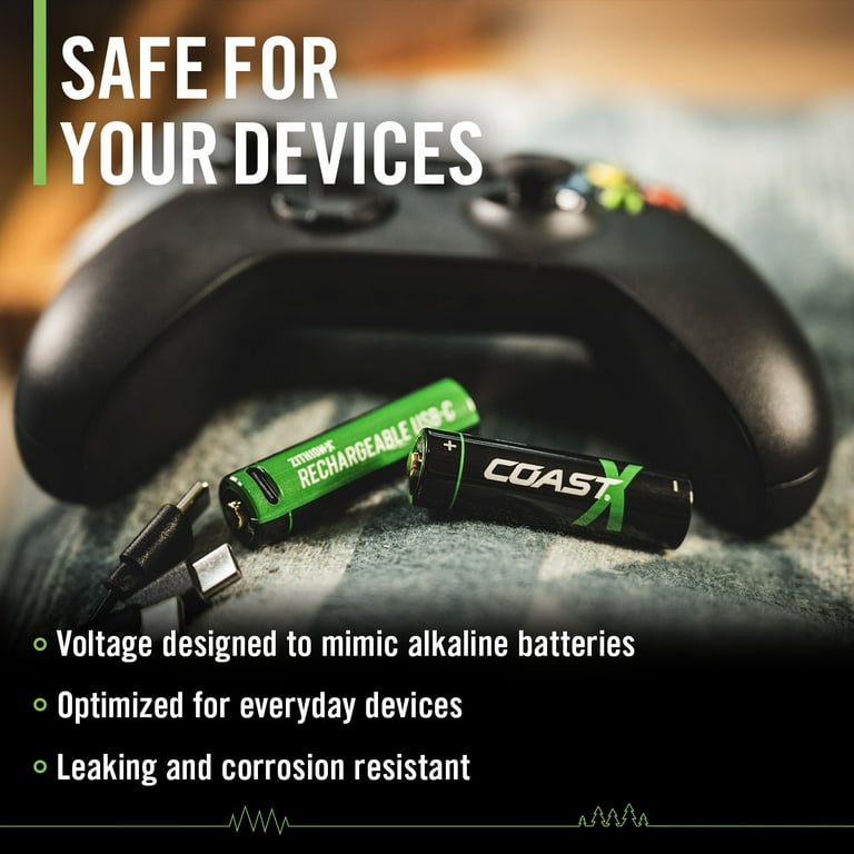 Coast Zithion-X AA Rechargeable Lithium Batteries, 2400mAh, USB-C