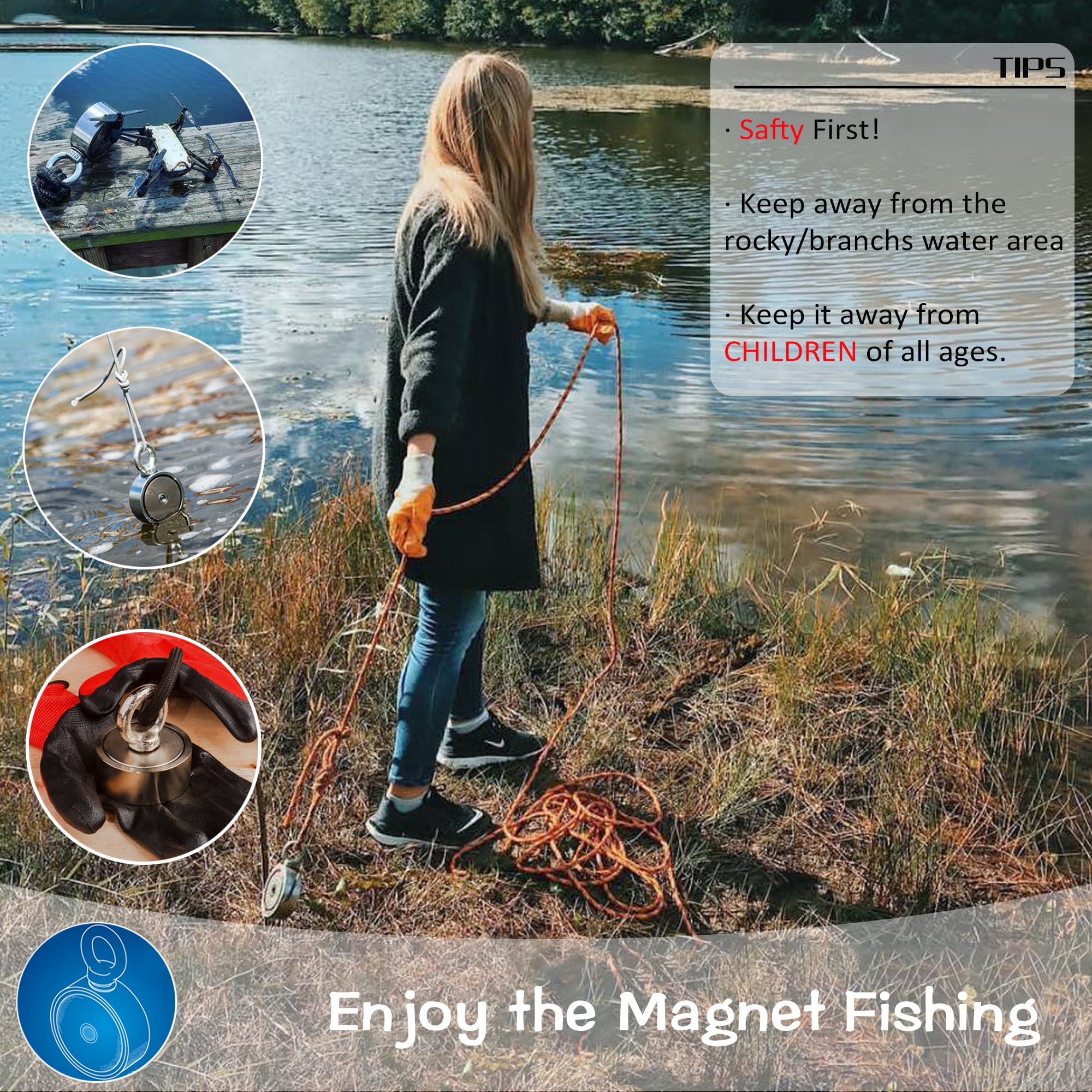 MUTUACTOR Double-Sided Fishing Magnet Kit,Combined 700lbs Fishing Magnets Heavy Duty,Dia.2.36''Permanent Neodymium Rare Earth Magnet with 65Ft Salvage Rope Sturdy Gloves Bag for Recovery Treasures