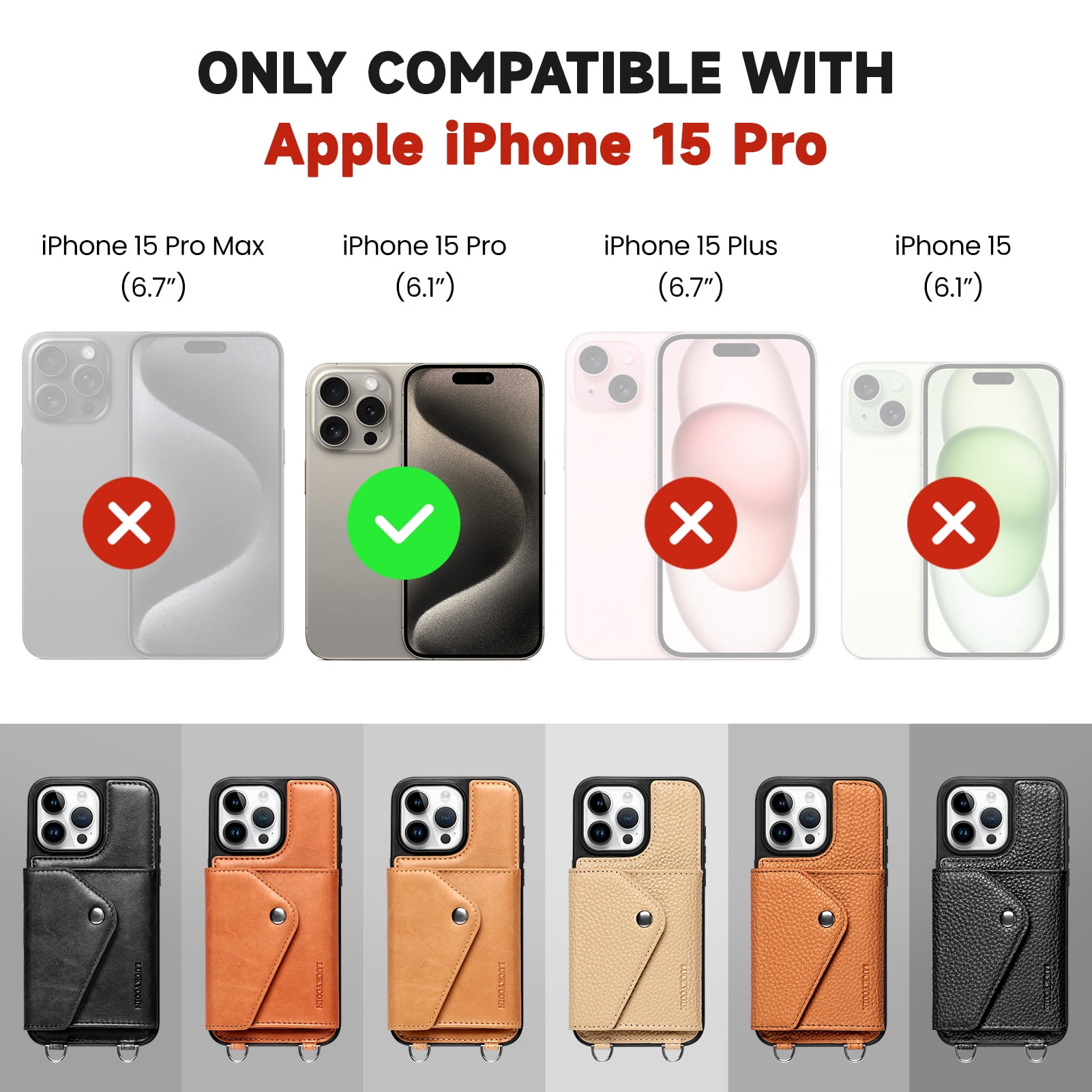 Handmade Genuine Leather Crossbody Wallet Phone Case for Apple iPhone 15 Pro 6.1-Inch,with Strap and Flip Wallet Card Holder,Shockproof Durable Scratch Protective