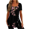 thumbnail image 2 of Hauts d'Été Grande Taille Mode Femmes Décontractés Imprimés Col Carré Manches Courtes Boutons Hauts Blouses Amples T-Shirt Col en V Femme en Liquidation, 2 of 5