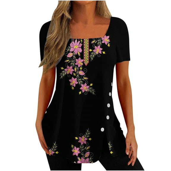 Wenini Womens Blouses and Tops Dressy Fashion Irregular Button Slit Hem Breathable Tunic Shirts Summer Floral Print Short Sleeve V-Neck Casual Shirts Black s