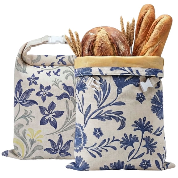 Greenpod Beeswax Bread Bags for Sourdough & Homemade Bread (2 Pack), XL 13"x17" Large Reusable Cotton & Linen Bread Bag, Keep Loaves Fresh Longer, Natural & Easy to Clean (Classic Blue Floral)