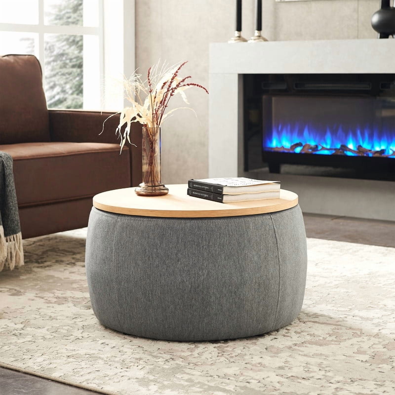 Round Storage Ottoman, 25.5” Fabric Storage Foot Stool with Removable Lid, 2-in-1 Ottoman Coffee Table & Seat, Hidden Storage Cube for Living Room, Bedroom, Entryway,Deep Gray