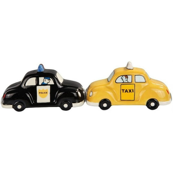 Black Police Car and Yellow Taxi Cab Magnetic Ceramic Salt Pepper Shakers Set