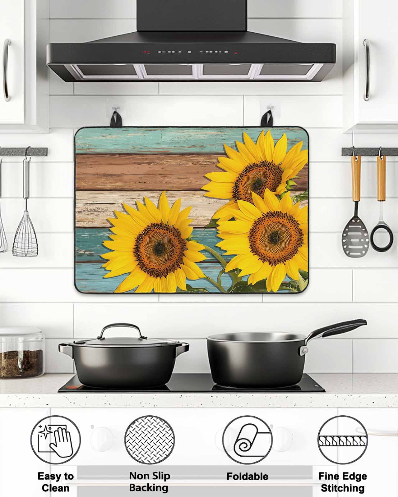 Stove Top Covers for Electric Stove, Sunflower Glass Stovetop Cover Protector, Yellow Spring Flora Botanical Teal Brown Wooden Induction Cooktop Protector Oven Mat for Kitchen Countertop 24"x21"