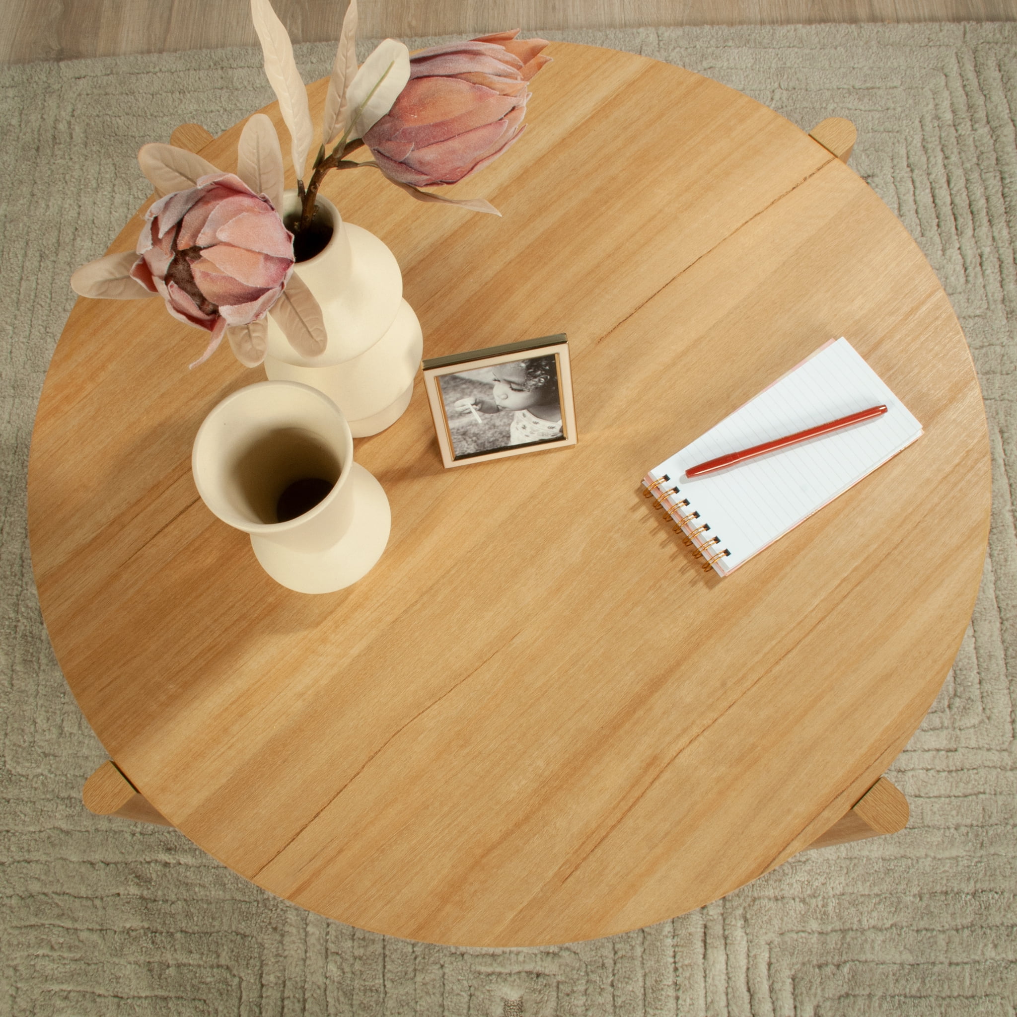 Mainstays Round Modern Dowel Coffee Table, Natural Teak Finish