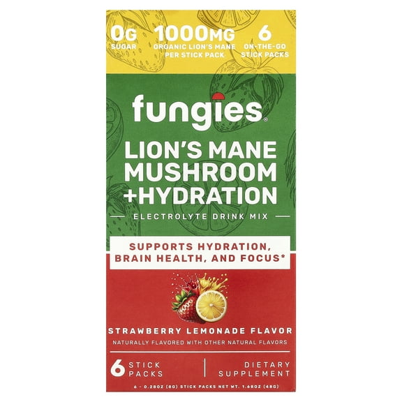 Fungies Lion's Mane Mushroom   Hydration, Electrolyte Drink Mix, Strawberry Lemonade, 6 Stick Packs, 0.28 oz (8 g) Each