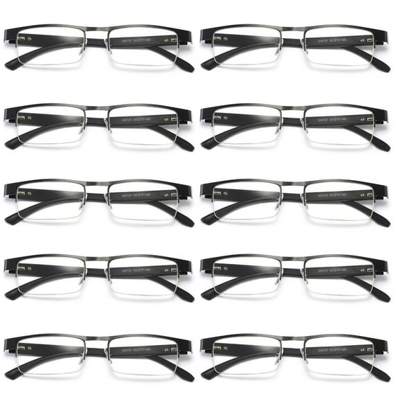 10 Pairs Mens Rectangular Metal Half Frame Reading Glasses Spring Hinge Black Readers 0.75