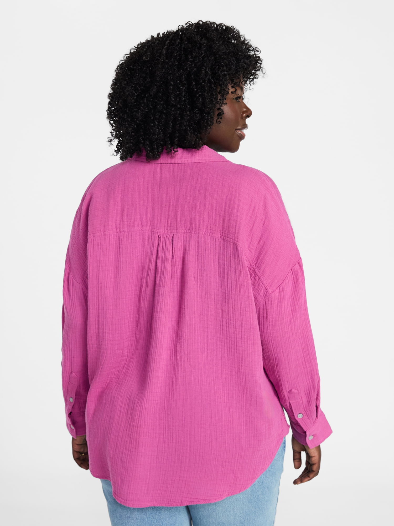 Terra & Sky Women's Plus Size Double Cloth Boyfriend Shirt, Sizes 0X-5X
