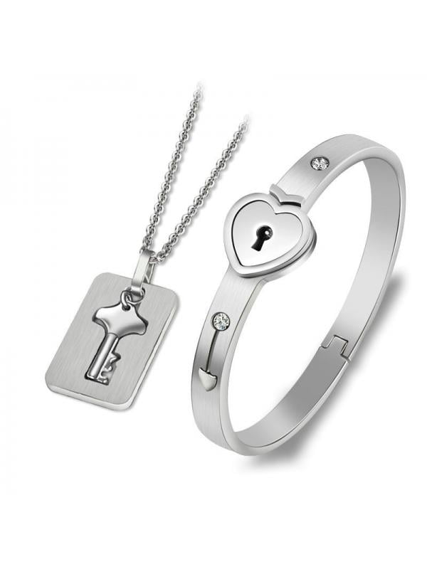 Plated Titanium Matching Puzzle Couple Heart Lock Bracelet and Key