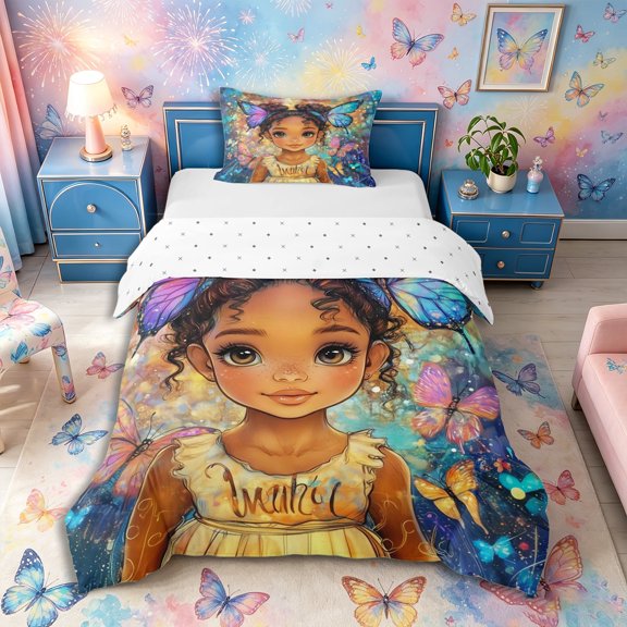Castle Fairy Cartoon Black Girl Twin Duvet Cover,Watercolor Flying Butterflies Twin Bedding,Brown Blue,1 Duvet Cover and 1 Pillowcase