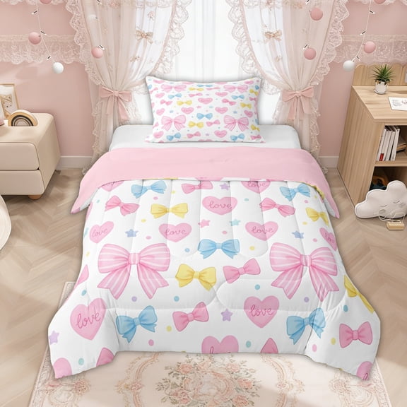 Manfei Colorful Bow Love Heart Twin Comforter Sets for Girls, Cute Ribbon Bedding Set, Pink Reversible, 2pcs