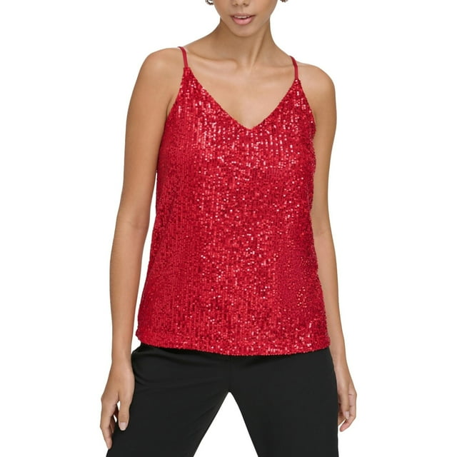Calvin Klein Womens Sequin Camisole Cami Tank Top, mediumred, Petite, PL