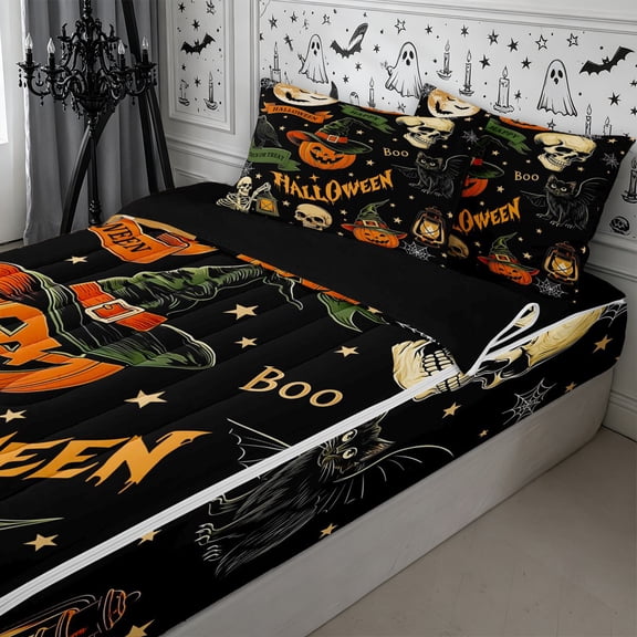 Erosebridal Spooky Text Zipper Twin Comforter Sets with Fitted Sheet and 2 Pillowcases,Dark Halloween Zipper Bedding Set,Black,Reversible