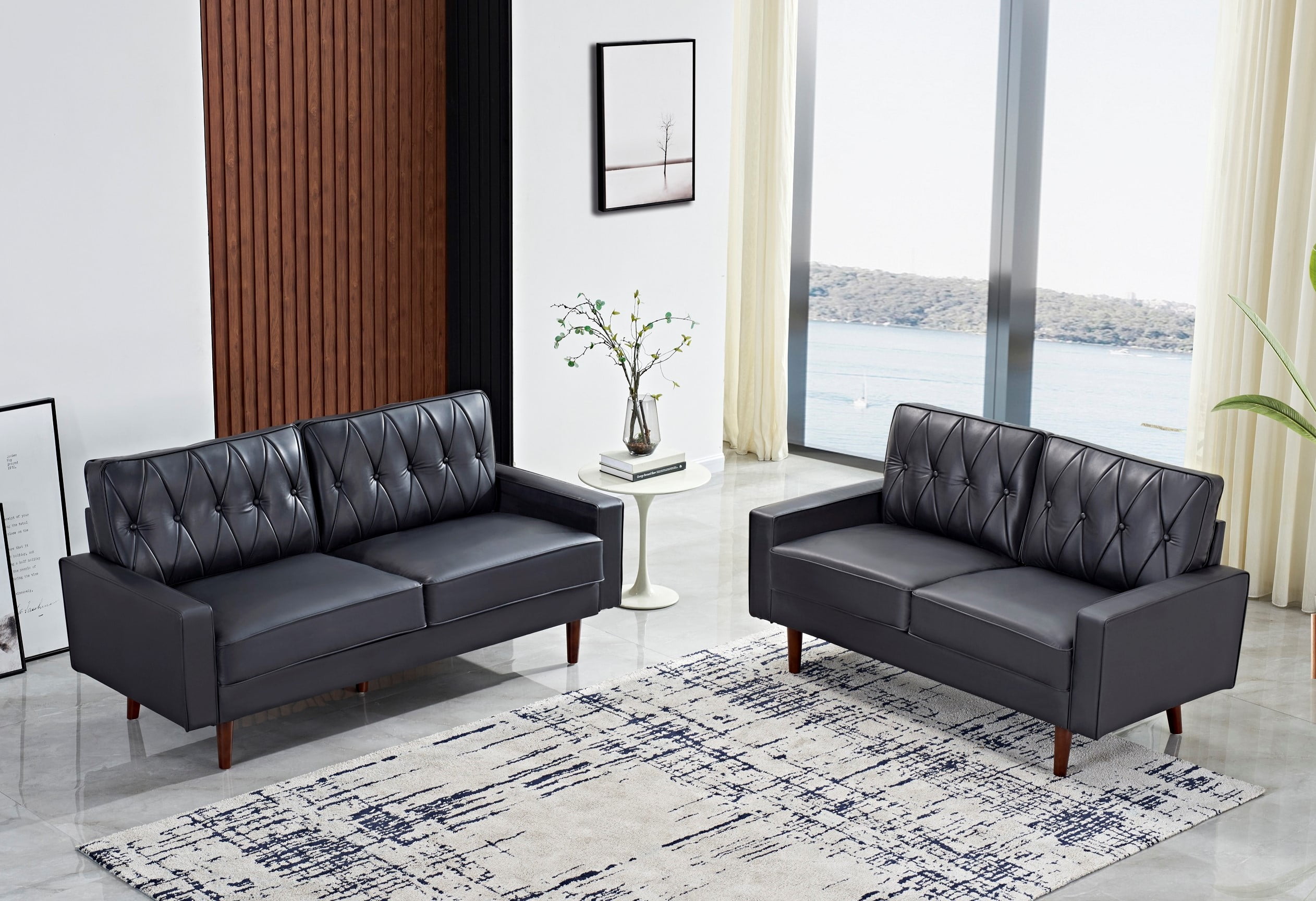 US Pride Furniture Acire Faux Leather Cushion Back 2Pcs Living Room Set, Black