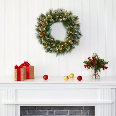 Nearly Natural 2' Green Pine Frosted Christmas Wreath with Berries Prelit 35 Clear LED Lights