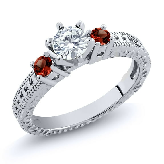 Gem Stone King 925 Sterling Silver Red Garnet Ring Set with Moissanite (0.80 Cttw) (Size 7)