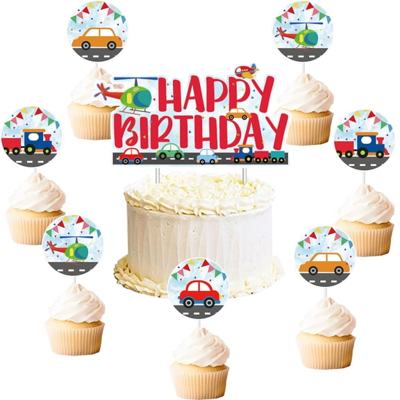 13PCS Transportation Cake Toppers for Boys Birthday, Red Transport Birthday Cupcake Toppers with Car Train Plane Helicopter Design for Kids Vehicles Birthday Cake Decorations